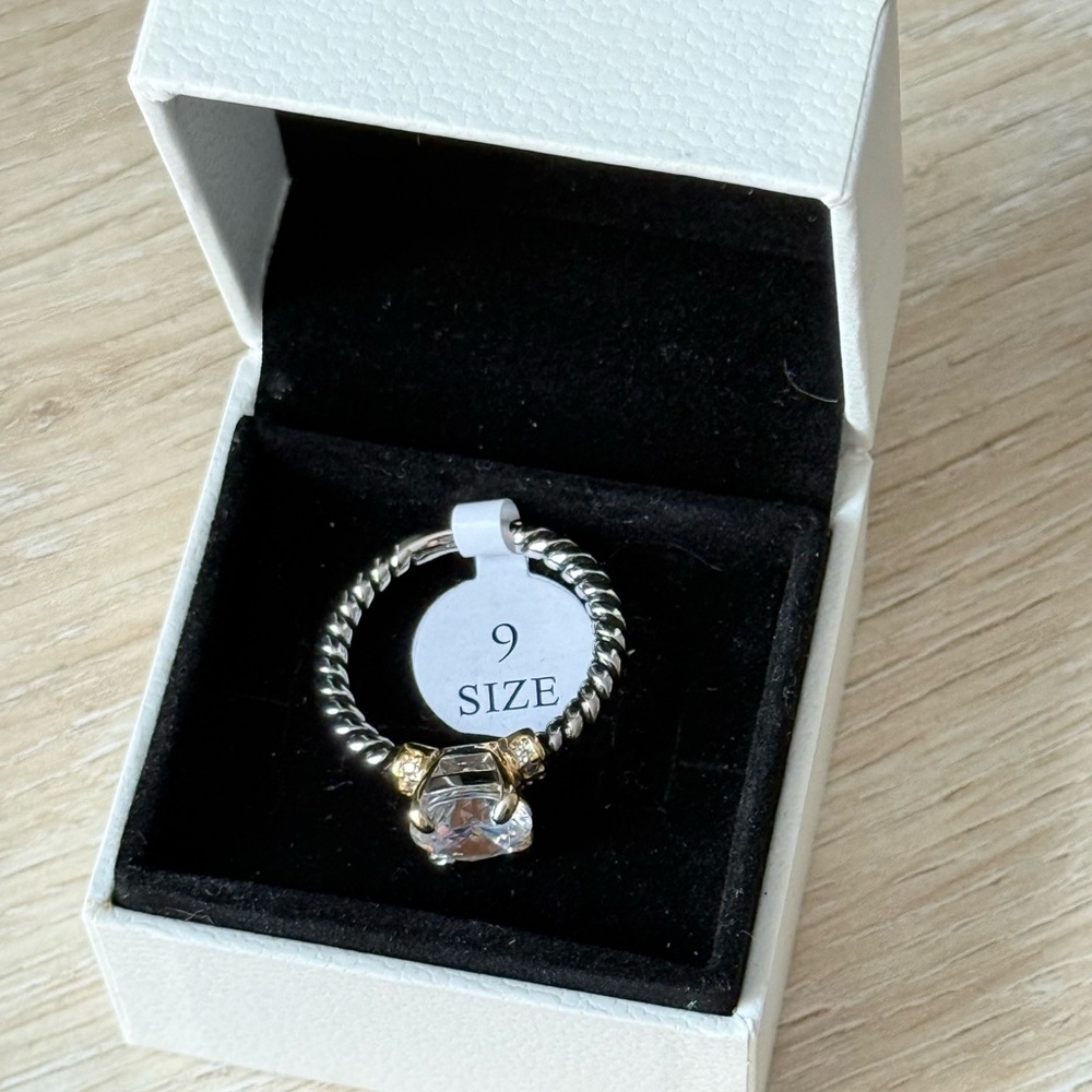 Elegant Silver and Gold Ring, Clear CZ stone